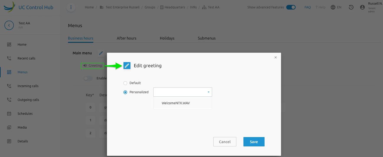 IVR greetings selection