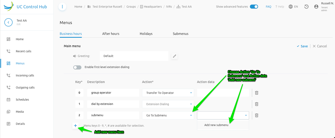 Standard IVR main menu